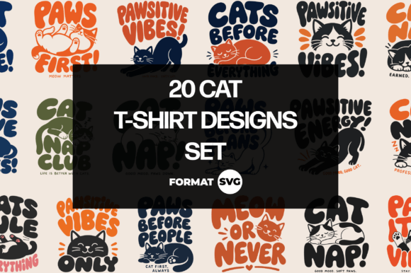 20 Cat SVG T-Shirt Designs 2: Graphics for Playful Local Branding
