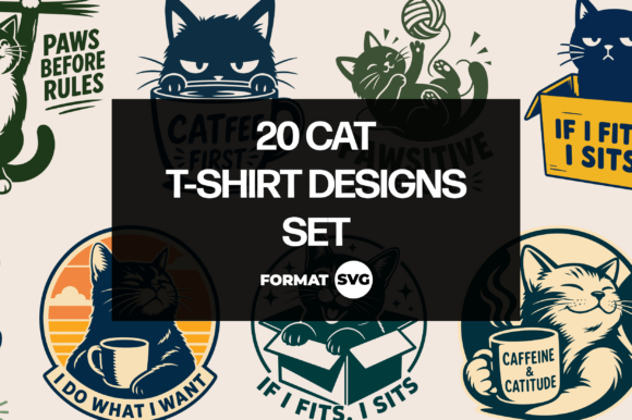 20 Cat SVG T-Shirt Designs Set: Graphics for Real Crafting
